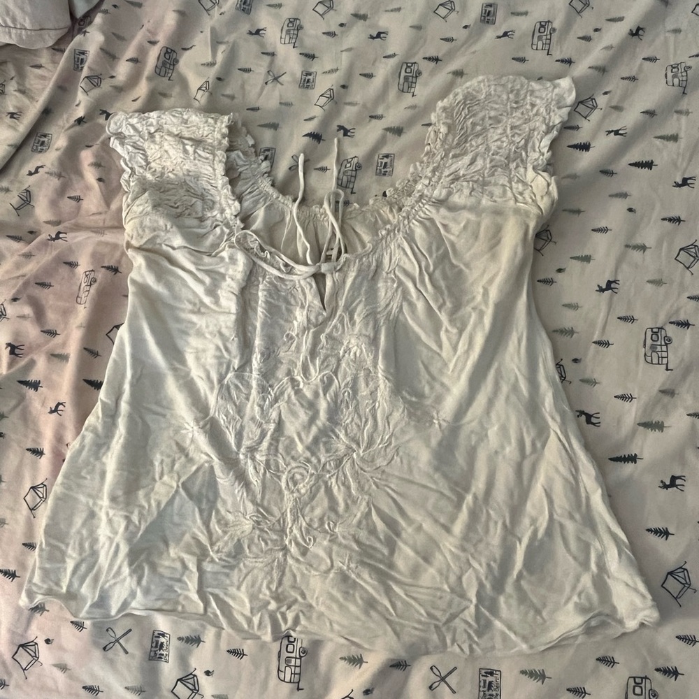 White Ruffled Cap Sleeve Blouse with Bib Collar